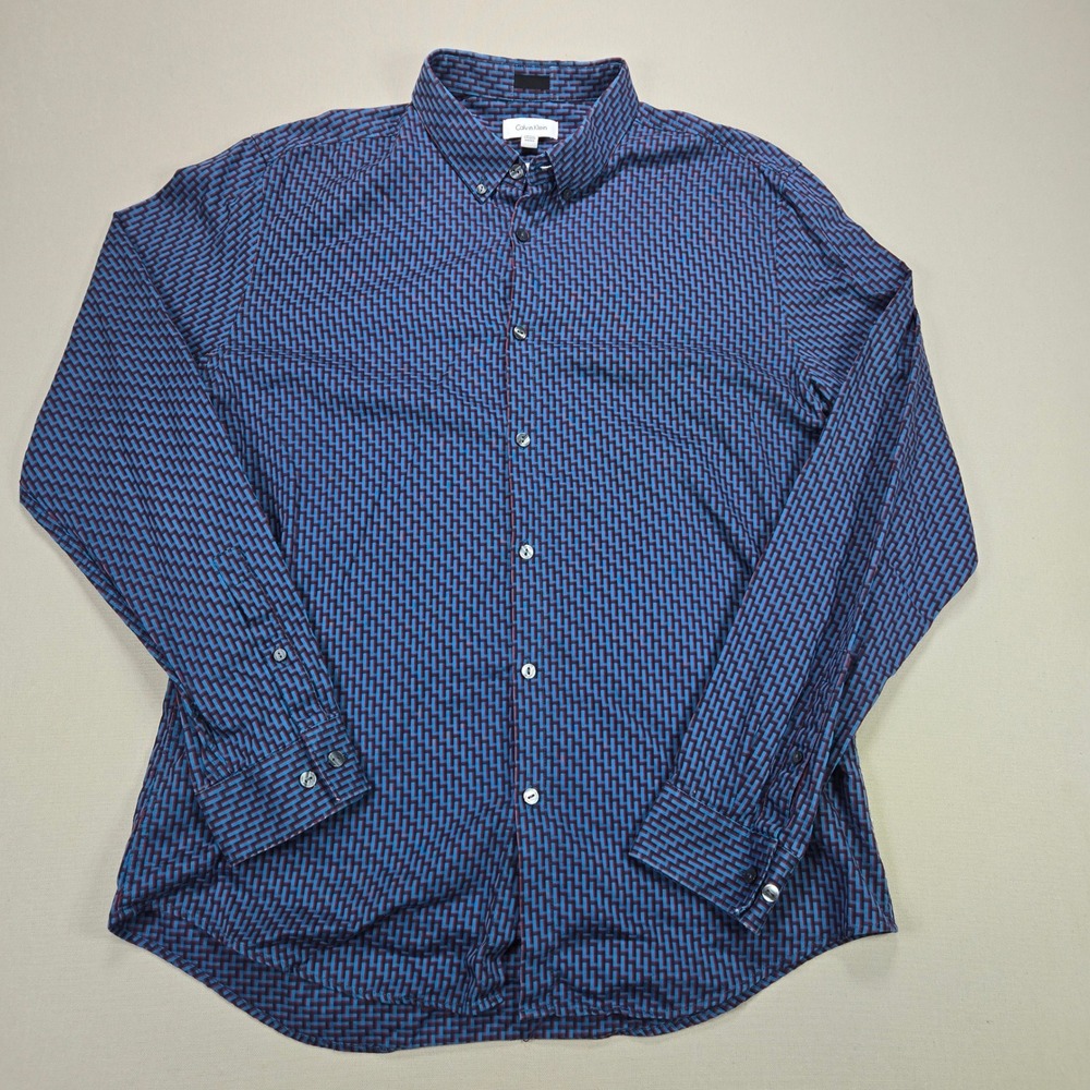 Calvin Klein Button Down Shirt Slim Fit Geometric Print Blue Men Size L